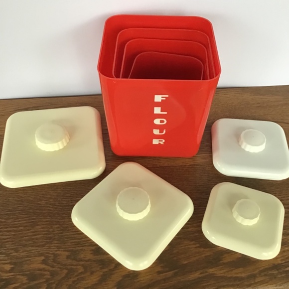 Vintage Lustro Ware Canister 8pc Set Red & Cream Flour Sugar Coffee Tea - Picture 10 of 15